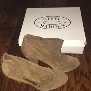 Cognac color worn Steve Madden ankle boots.